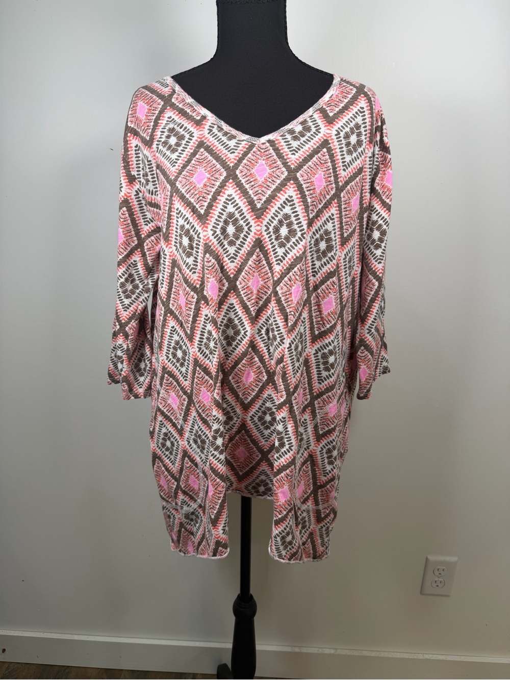 FRESH PRODUCE Tunic Top Pink Brown Pockets 100% Cotton Women's XL